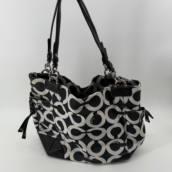 Coach Handbags - Coach 14573 Y2K Optic O Black White Canvas Tote Bag Leather Shoulder Purse